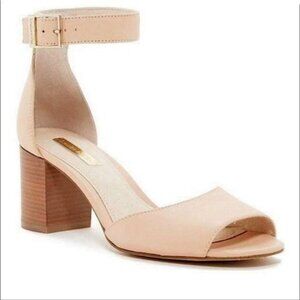 LOUISE ET CIE POUT NUDE PEBBLED LEATHER ANKLE STRAP BLOCK HEEL SANDALS - 11